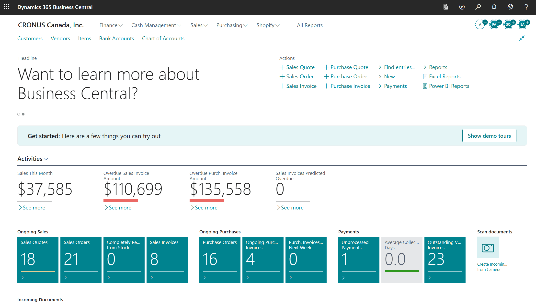 Dynamics 365 Business Central home page showing sales, purchasing, and financial activity dashboards